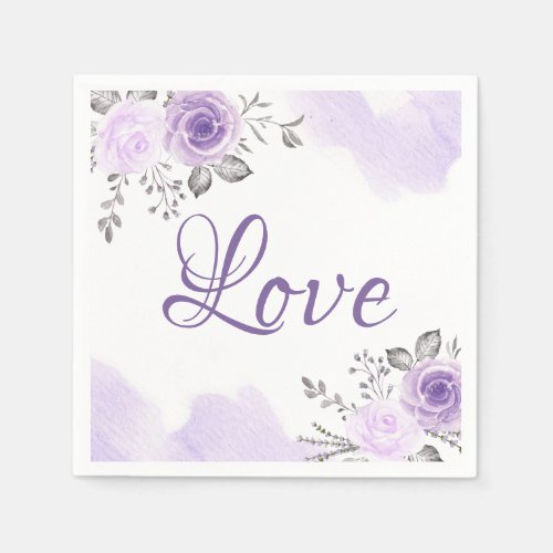 Chic Pastel Purple Floral Love Script Wedding Paper Napkins