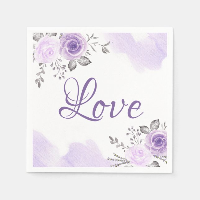 Chic Pastel Purple Floral Love Script Wedding Paper Napkins (Front)