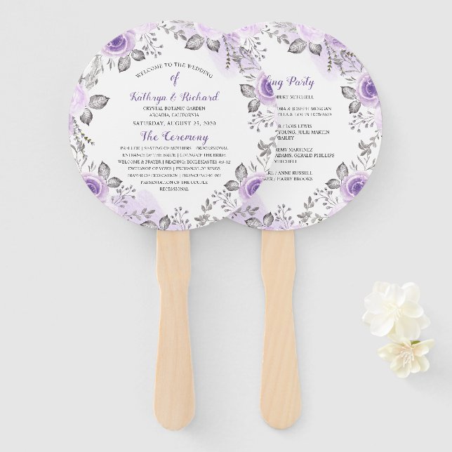 Chic Pastel Purple Floral Wedding Program Hand Fan (Front and Back)