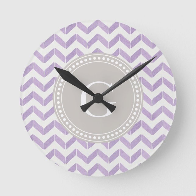 Chic Pastel purple grey Chevron Custom Monogram Round Clock (Front)