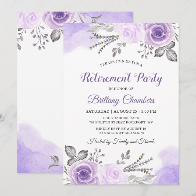 Chic Pastel Purple Rose Garden Retirement Party Invitation (Front/Back)