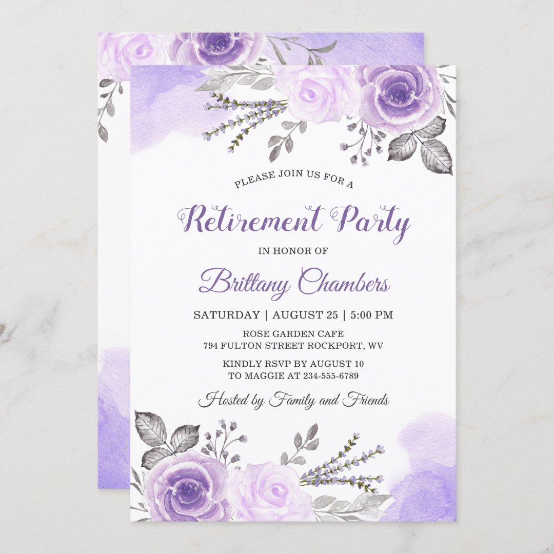 Chic Pastel Purple Rose Garden Retirement Party Invitation | Zazzle