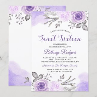 Chic Pastel Purple Rose Garden Sweet 16 Birthday Invitation