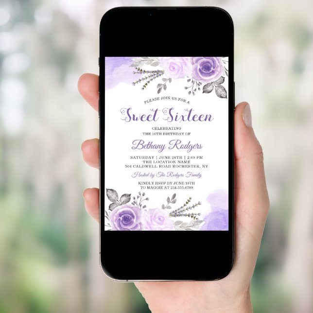 Chic Pastel Purple Rose Garden Sweet 16 Birthday Invitation (Front Digital)