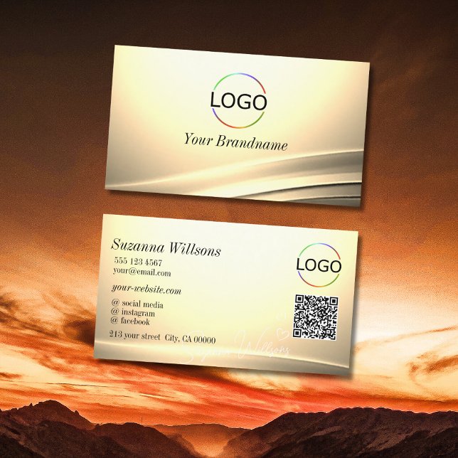 Chic Pastel Silk Cream Curved Decor Logo QR Code Business Card (Creator Uploaded)
