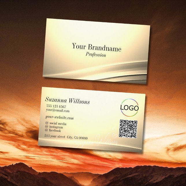 Chic Pastel Silk Cream Curved Decor Logo QR Code Business Card (Creator Uploaded)