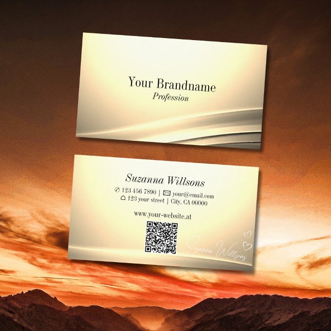 Chic Pastel Silk Cream Curved Decor with QR Code Business Card (Creator Uploaded)