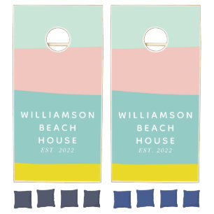 Chic Pastel Stripes Girly Custom Beach House Cornhole Set