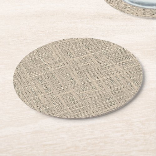 Chic Pastel Taupe Color Faux Jute Fabric Pattern Round Paper Coaster