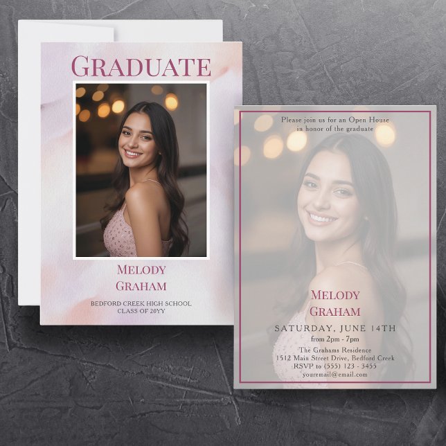 Chic Pastel Transparent Photo Graduation Invitation (watercolor graduation abstract pink one photo graduate semi-transparent pink)
