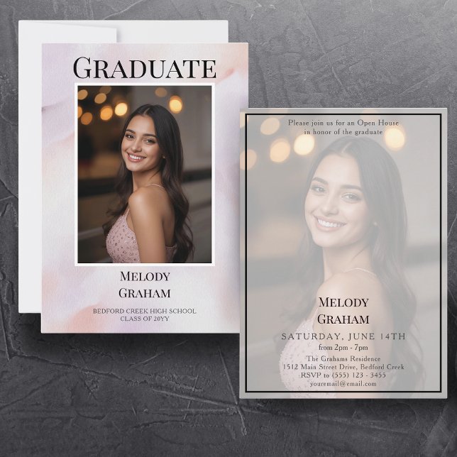 Chic Pastel Transparent Photo Graduation Invitation (watercolor graduation abstract pink one photo graduate semi-transparent)