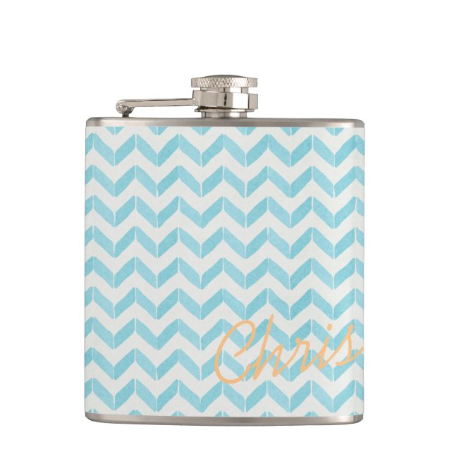 Chic Pastel turquoise Chevron Custom Monogram Flask (Front)