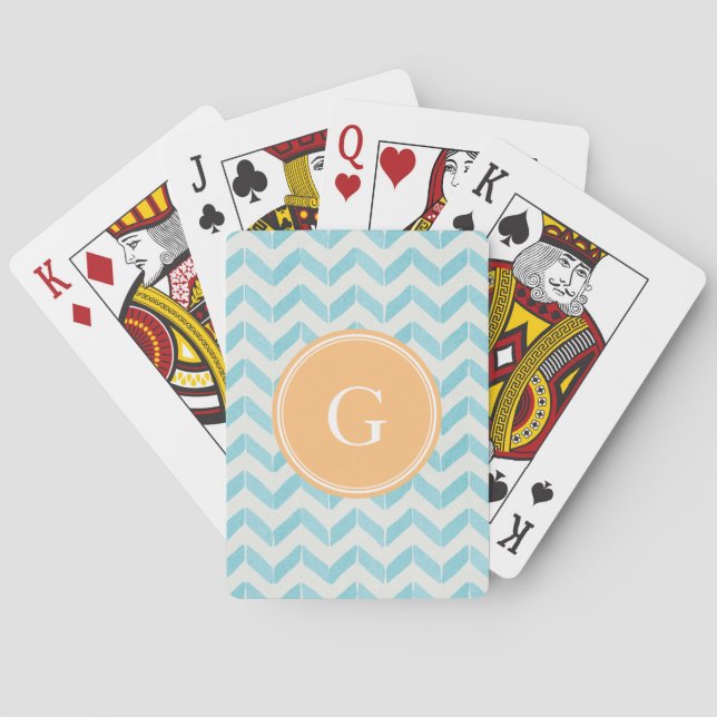 Chic Pastel turquoise Chevron Custom Monogram Poker Cards (Back)