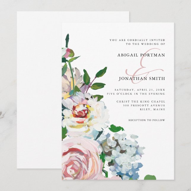 Chic Pastel Watercolor Floral Blooms Wedding Invitation (Front/Back)