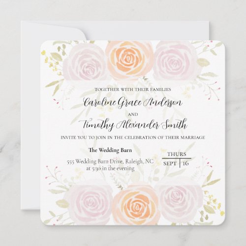 Chic Pastel Watercolor Rose Wedding Invitation