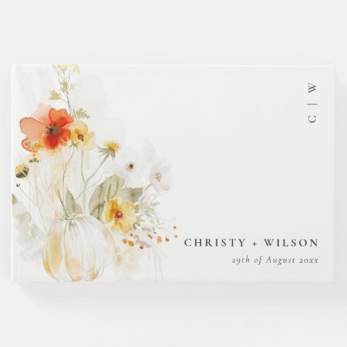 Chic Pastel Wildflower Pumpkin Watercolor Wedding Guest Book