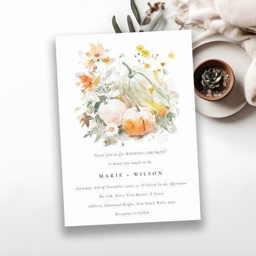 Chic Pastel Wildflower Pumpkin Watercolor Wedding Invitation