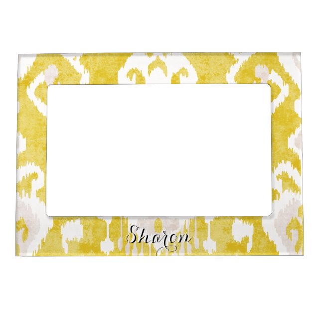 Chic pastel  yellow and grey ikat tribal pattern magnetic picture frame (Front)
