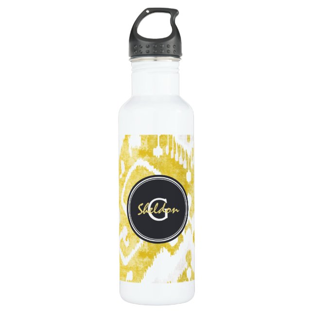 Chic pastel  yellow and grey ikat tribal pattern water bottle (Front)