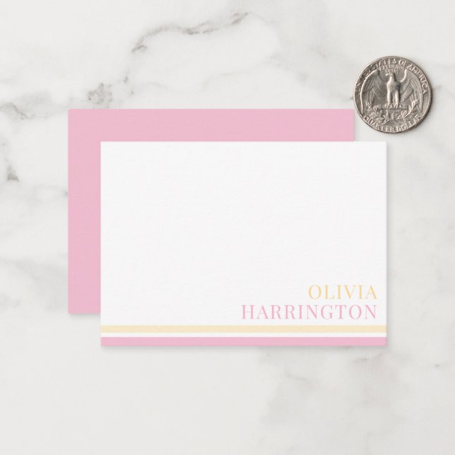 Chic Pastel Yellow Pink Stripe Border Note Card (Front/Back In Situ)