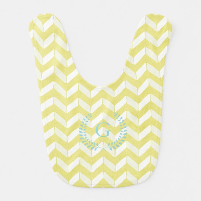 Chic Pastel Yellow Teal Chevron Custom Monogram Baby Bib (Front)