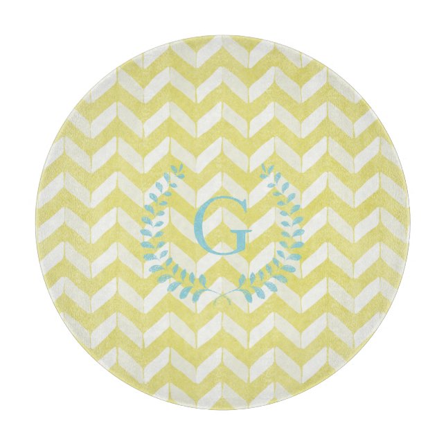 Chic Pastel Yellow Teal Chevron Custom Monogram Cutting Board (Front)