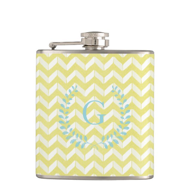 Chic Pastel Yellow Teal Chevron Custom Monogram Flask (Front)