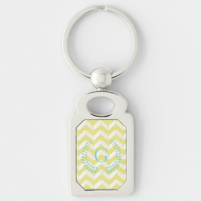 Chic Pastel Yellow Teal Chevron Custom Monogram Keychain (Front)