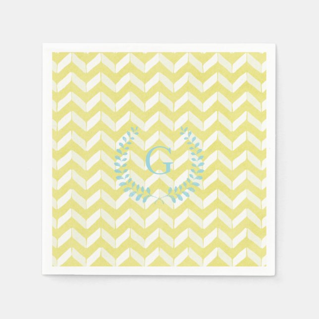 Chic Pastel Yellow Teal Chevron Custom Monogram Napkins (Front)