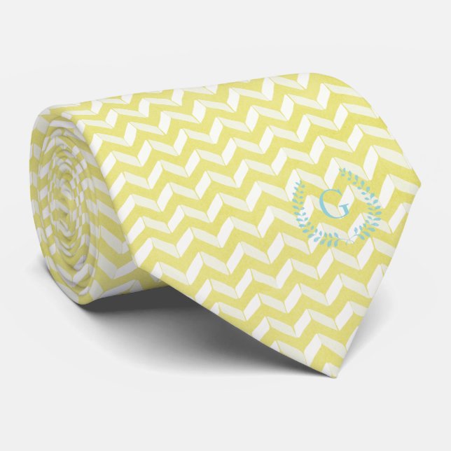 Chic Pastel Yellow Teal Chevron Custom Monogram Neck Tie (Rolled)
