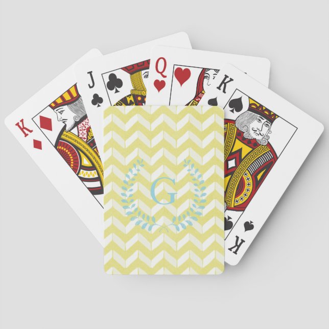 Chic Pastel Yellow Teal Chevron Custom Monogram Poker Cards (Back)