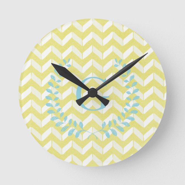 Chic Pastel Yellow Teal Chevron Custom Monogram Round Clock (Front)
