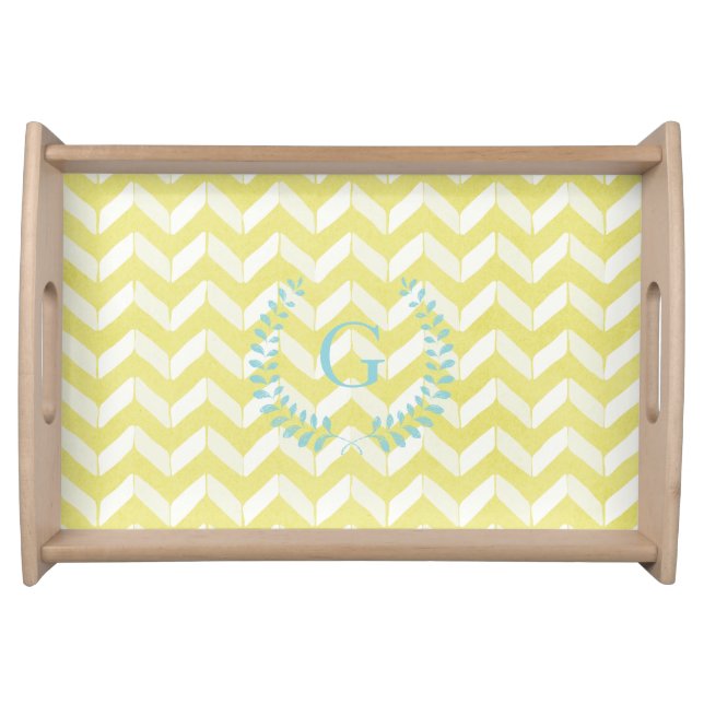 Chic Pastel Yellow Teal Chevron Custom Monogram Serving Tray (Front)