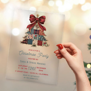 Chic Patchwork Bow Christmas Tree Party Acrylic Invitations