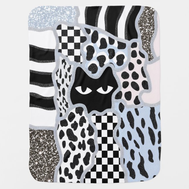 Chic Patchwork Suspicious Black Cat Gingham & Chec Baby Blanket (Front)