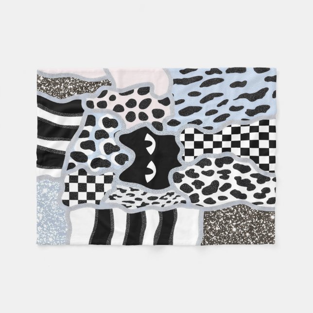 Chic Patchwork Suspicious Black Cat Gingham & Chec Fleece Blanket (Front (Horizontal))