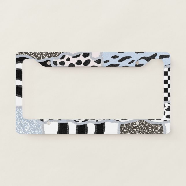 Chic Patchwork Suspicious Black Cat Gingham & Chec License Plate Frame (Front)