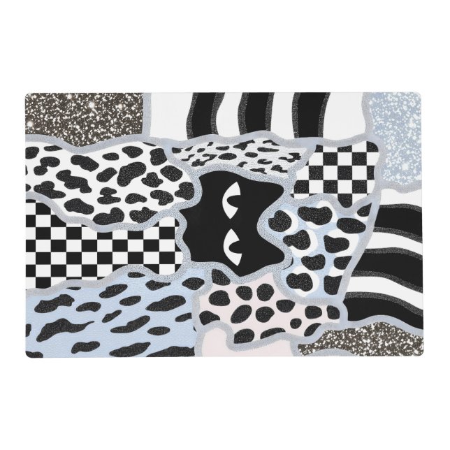 Chic Patchwork Suspicious Black Cat Gingham & Chec Placemat (Front)