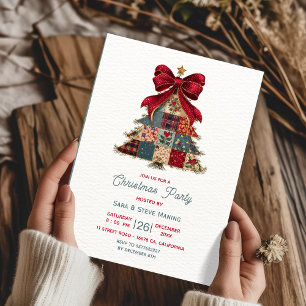 chic patchwork tree bow christmas party invitation