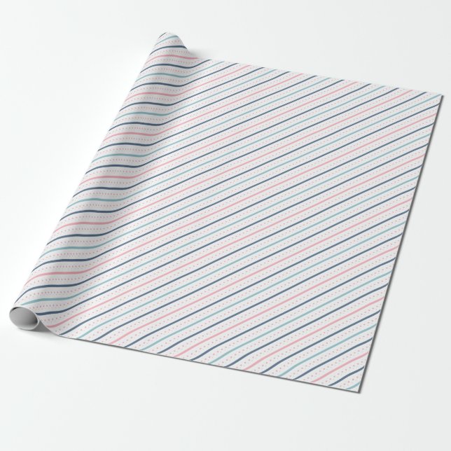 Chic Pattern Of Blue, Pink Turquoise Lines, Dots Wrapping Paper (Unrolled)