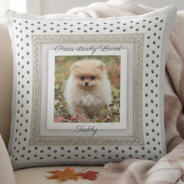 Chic Paws-itively Loved Pet Photo Keepsake Throw Pillow (Boutique-style accent pillow with a blend of classic elegance and modern playfulness)