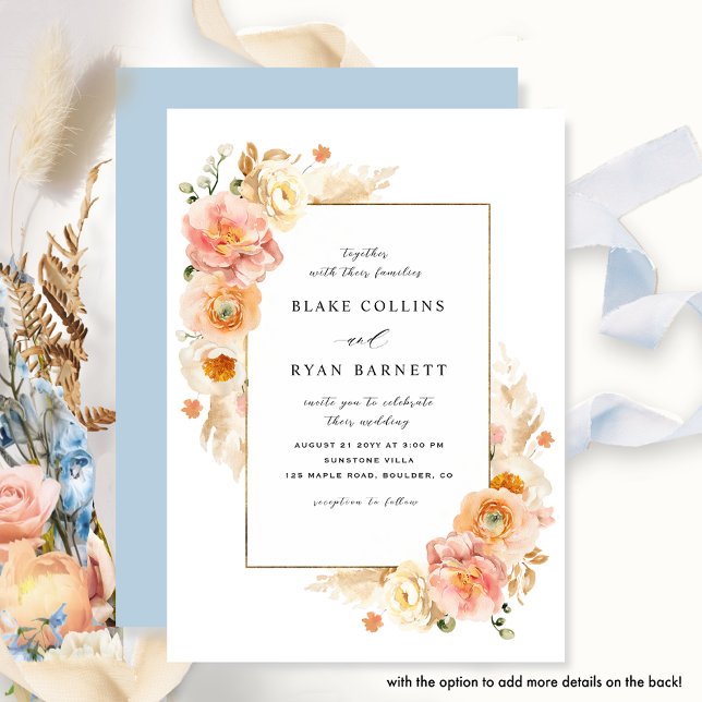 Chic Peach and Blue Delicate Floral Wedding Invitation (Creator Uploaded)