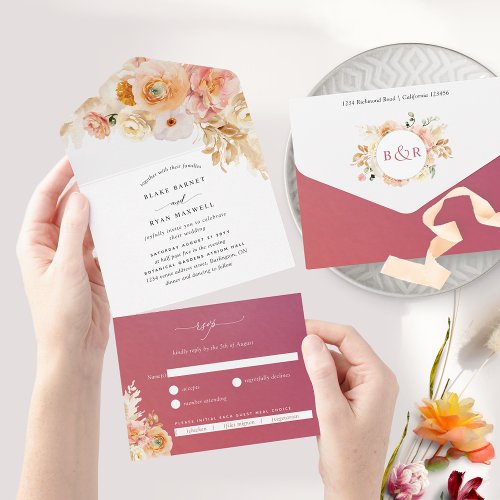 Chic Peach and Burgundy Floral Wedding with RSVP A All In One Invitation