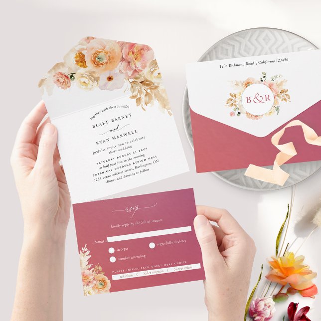 Chic Peach and Burgundy Floral Wedding with RSVP A All In One Invitation (Creator Uploaded)