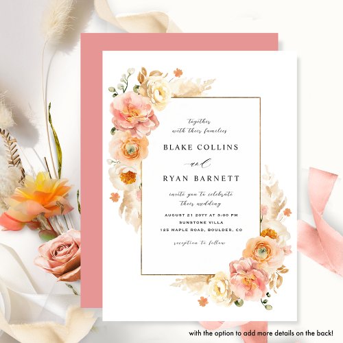 Chic Peach and Coral Pink Delicate Floral Wedding Invitation