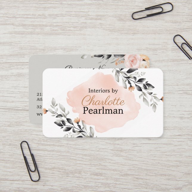Chic Peach and Gray Modern Floral Business Card (Front/Back In Situ)