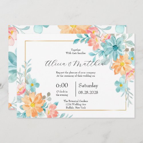 Chic Peach and Mint Painted Floral Wedding Invitation