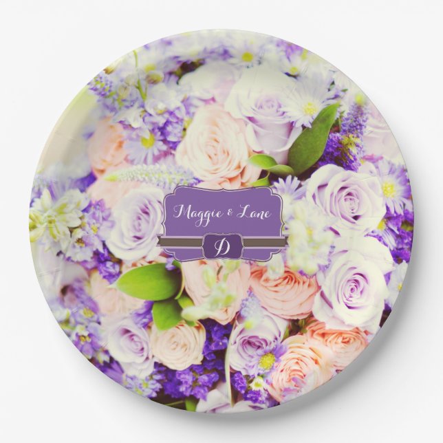 Chic Peach and Purple Rose Wedding Paper Plates (Front)