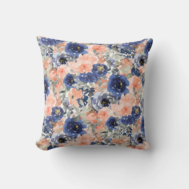 Chic Peach Blue Sage Green Floral Pattern Throw Pillow (Front)