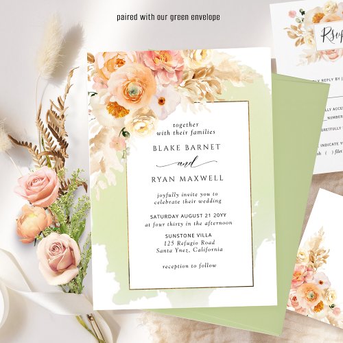 Chic Peach Blush Champagne Green Floral Wedding Invitation